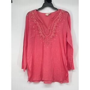 Merona 100% Cotton Coral Beaded‎ Long Sleeve Top Tropical Resort Y2K